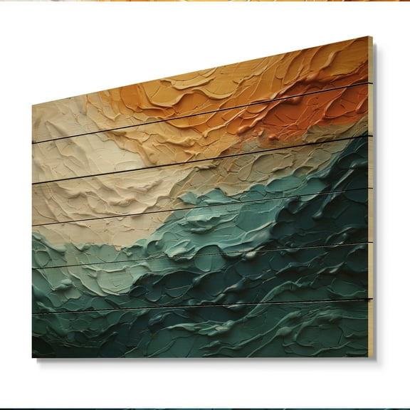 Designart "Teal Orange Ocean Coastal Essence composition" Modern Print on Natural Pine Wood