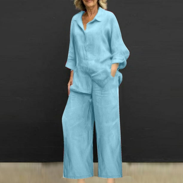 ICHUANYI Clearance Women's Spring And Summer V-neck Loose Lapel Long Sleeved Shirt Wide Leg Pants Color Set(Sky Blue, S) ICHUANYI WER2023081503666