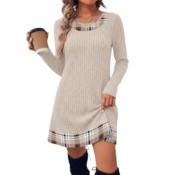 Fall winter Dresses for Women 2026 Long Sleeve Sweater Dress Color Block,Ribbed, Lightweight, Fall winter Clothing, Loose Fit,Khaki,XXL