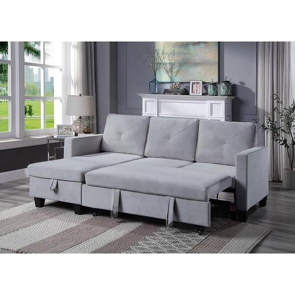 Howcool 83" Reversible Sleeper Sectional Sofa, L-Shaped Pull Out Couch with Storage Chaise & Side Pocket, Velvet Sofa Bed for Living Room, Light Gray