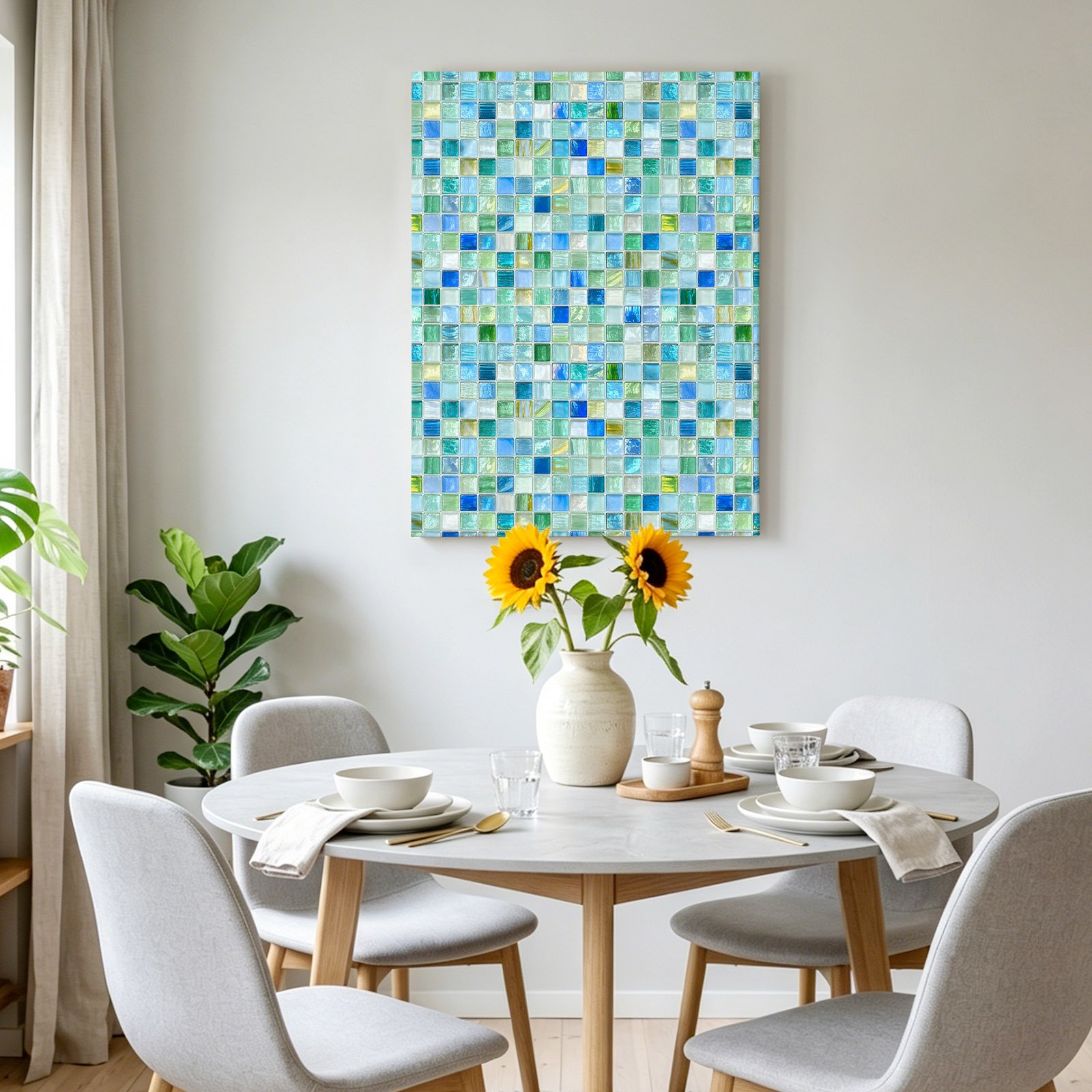 Mosaic Grid Canvas Wall Art for Living Room Bedroom Bathroom Abstract Retro Minimalist Blue Mint Green Checkered Canvas Art Wall Decor Artwork for Walls Home Office Decor 24 x36