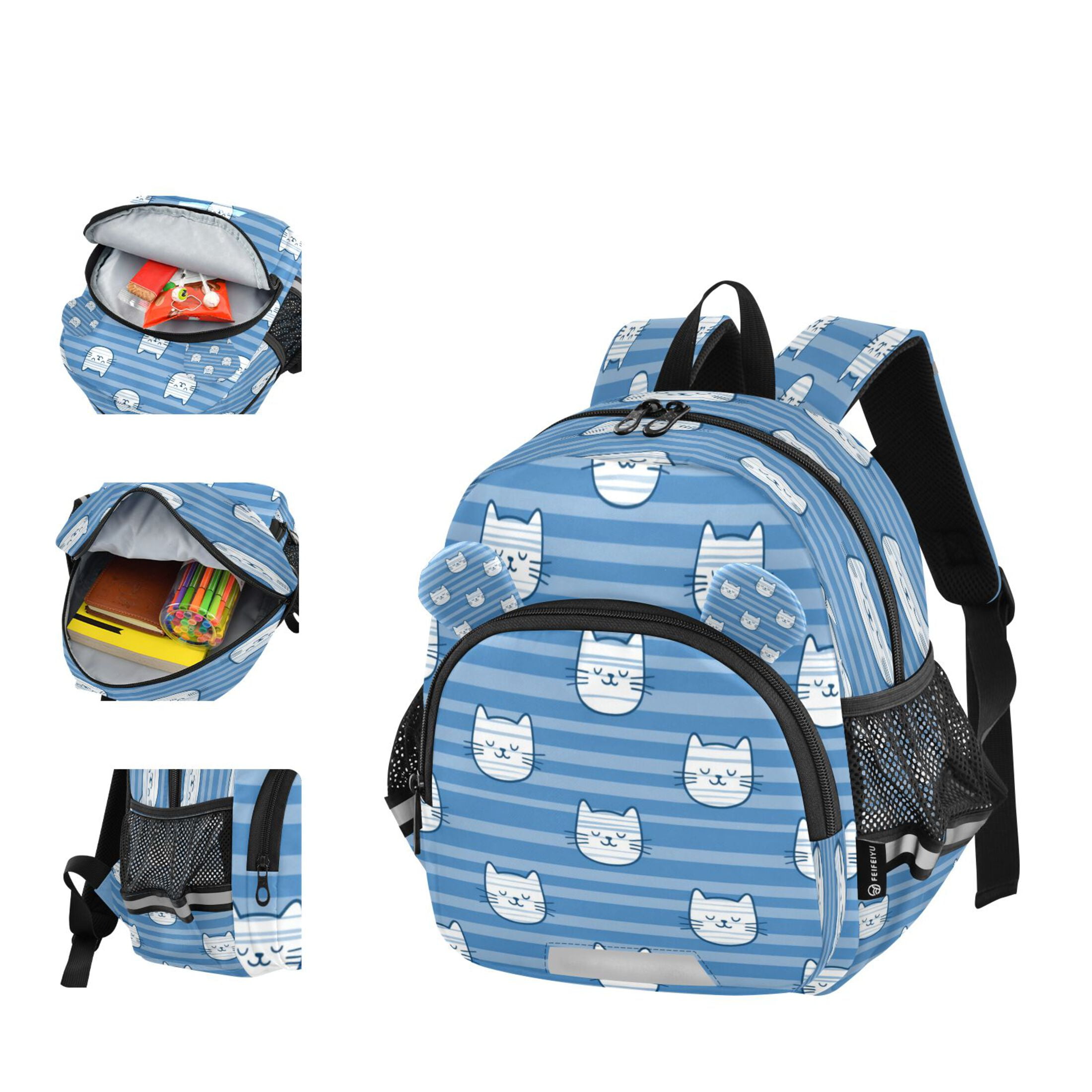 RMDQTR Adorable Ear-Print Backpack with Reflective Strip and Anti-Lost Leash Adjustable Shoulder Straps Mini Travel Backpack Cartoon Cat Face Pattern