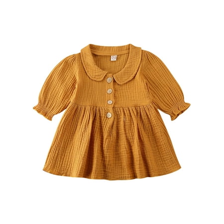 

Canrulo Newborn Infant Toddler Baby Girls Long Sleeve Doll Collar Floral Print Solid Color Fall Dress Yellow Brown 3-4 Years