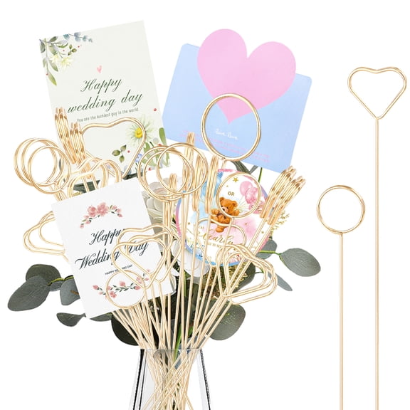 80PCS Floral Picks Card Holder, Gold Gift Photo Holders for Bouquets, Wedding Centerpieces, Photo Holders Pick Sticks,Card Holder for Flower Arrangement, Picture Holders for Centerpieces(Heart)