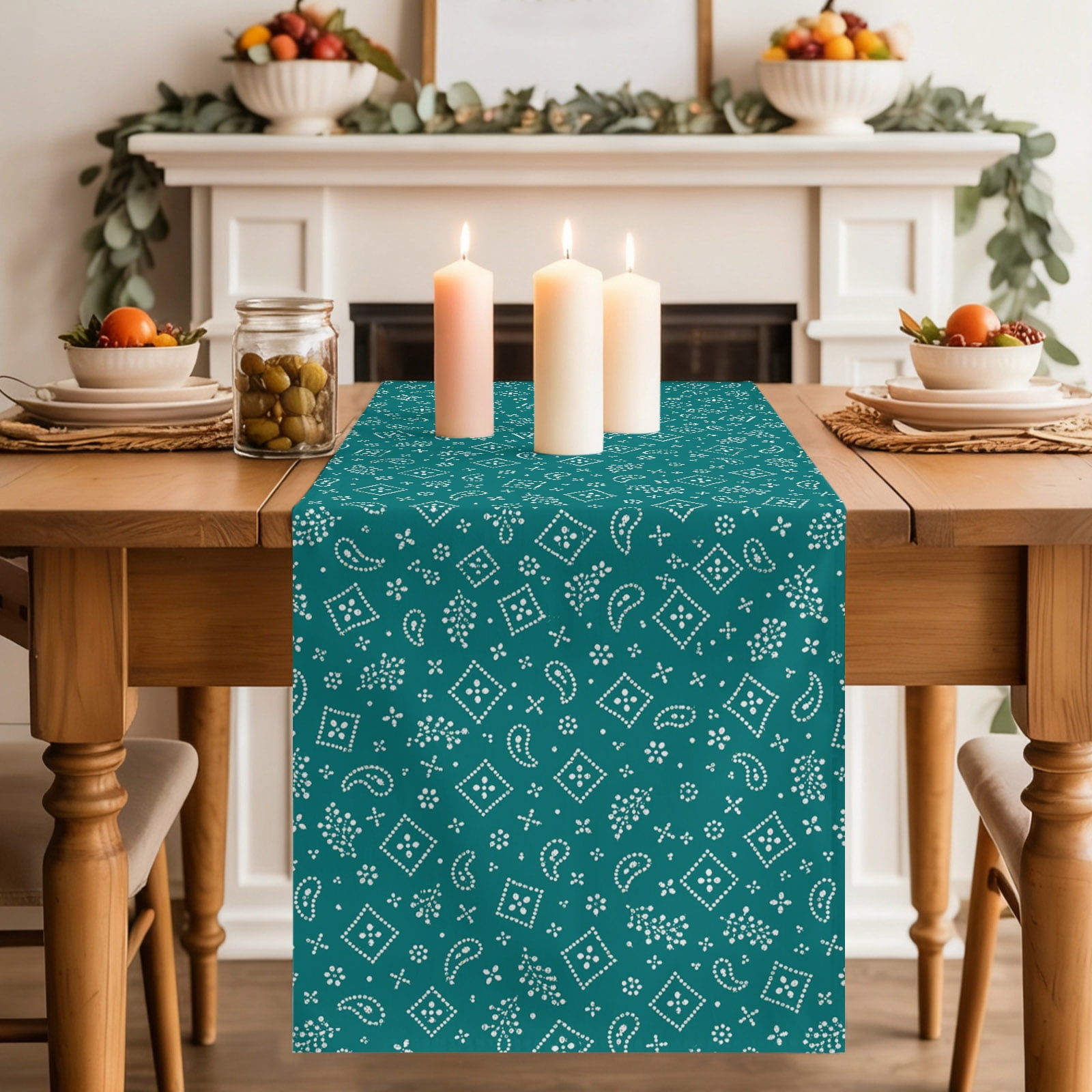 Green Bandana Table Runner Rustic Southwestern Minimalist Farmhouse Flower Washable Cotton-linen Table Runners Dining Kitchen Decoration for Everyday Home Wedding Party Decor 13 x 72 Inch
