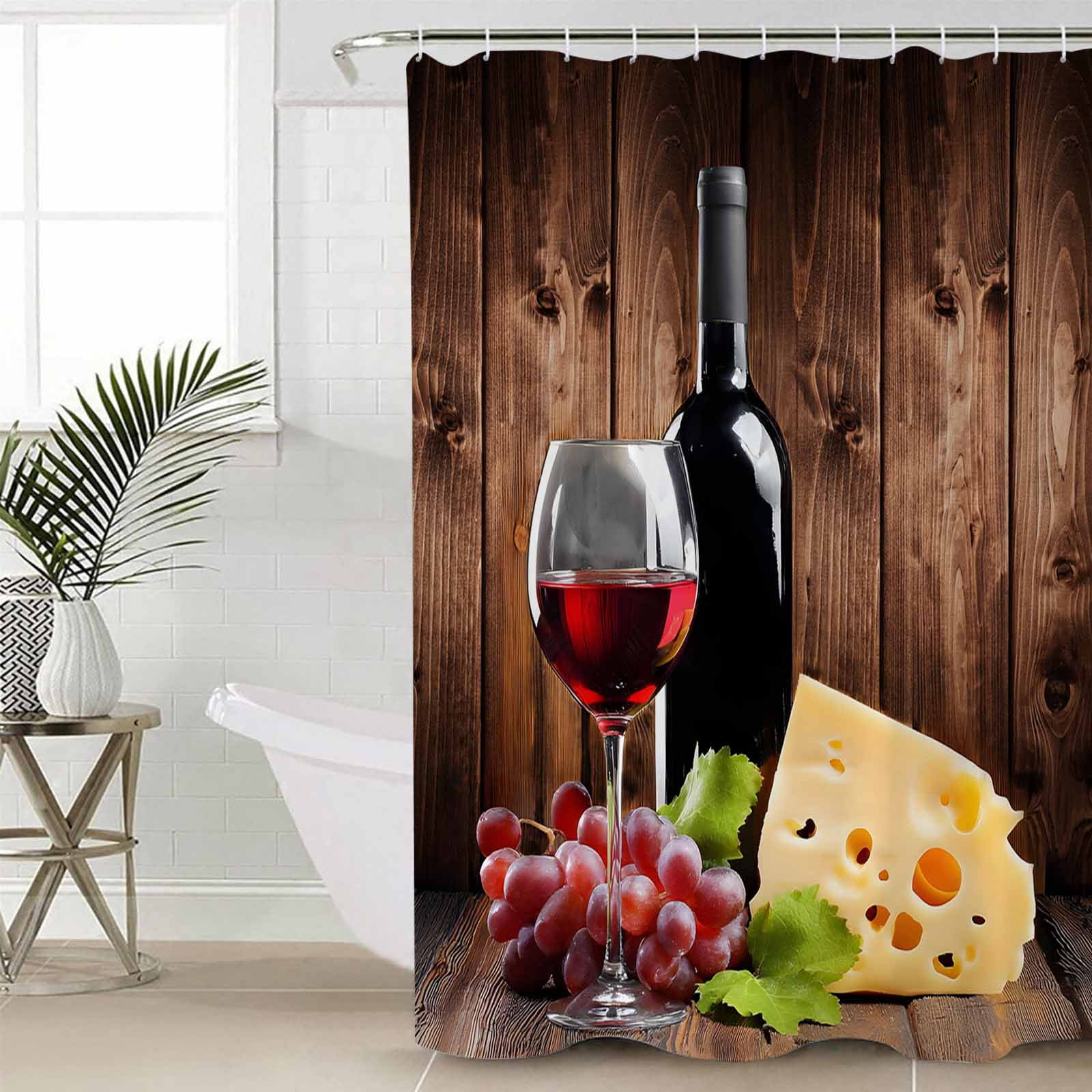 Shower Curtain Bathroom Set Farm Red Wine Grape Vintage Wood Board Waterproof Fabric Shower Curtains with Grommets&Hooks Cheese Fruit Wine Glass Privacy Bath Curtain for Bathtub 72x72in