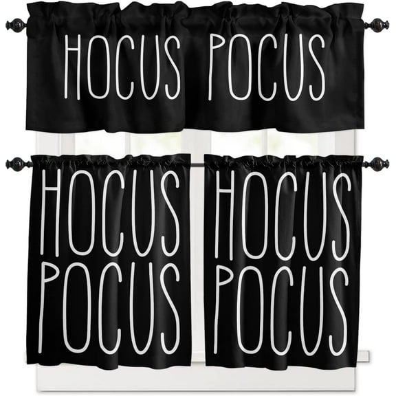 3 Piece Polyester Kitchen Curtains and Valances Set - Halloween Hocus Pocus Tier and Valance Window Curtains Set for Living Room Bedroom Bathroom, Black Background