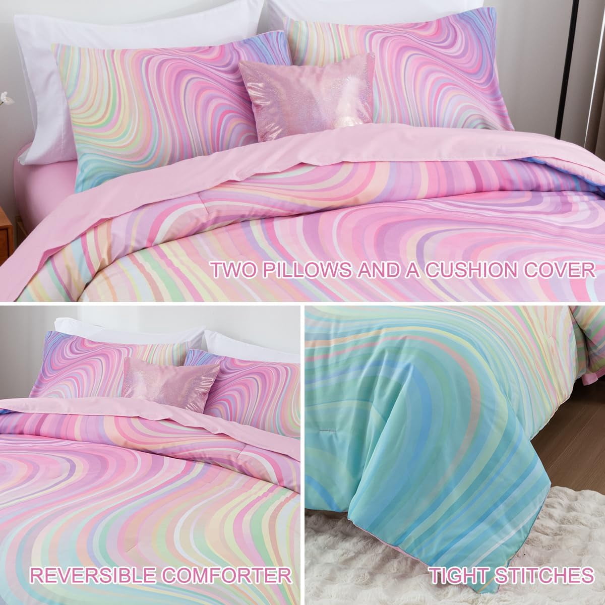 NTBED 6 Pieces Gradient Wavy Line Comforter Set, Colorful Glitter Rainbow Star Pattern Bedding Set for Boys Girls Teens, Twin Pink Green
