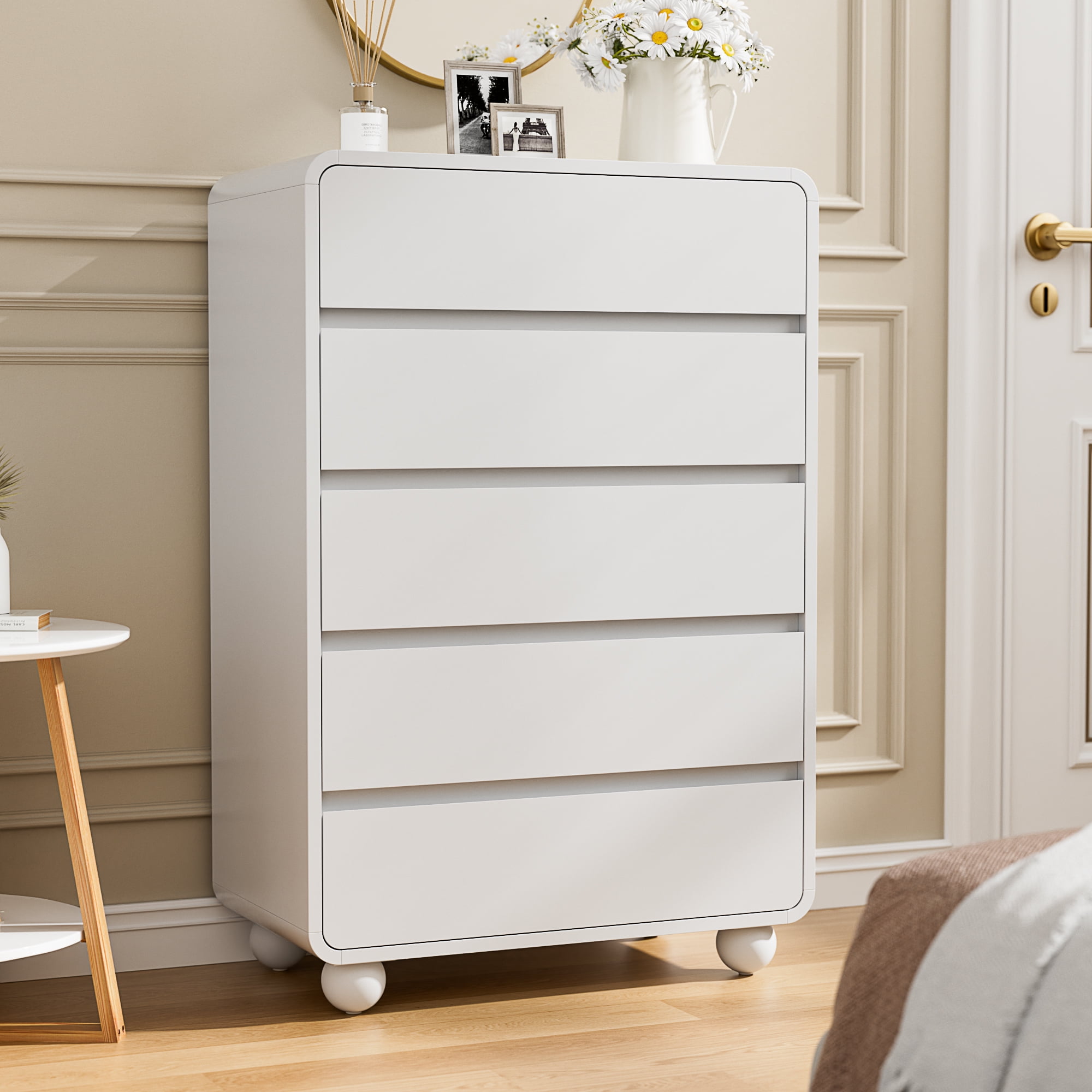 Laintene Tall Dresser 5 Drawer, Modern Wood Dresser for Bedroom, 41" Fluted Chest of Drawers with Curved Profile Design, White