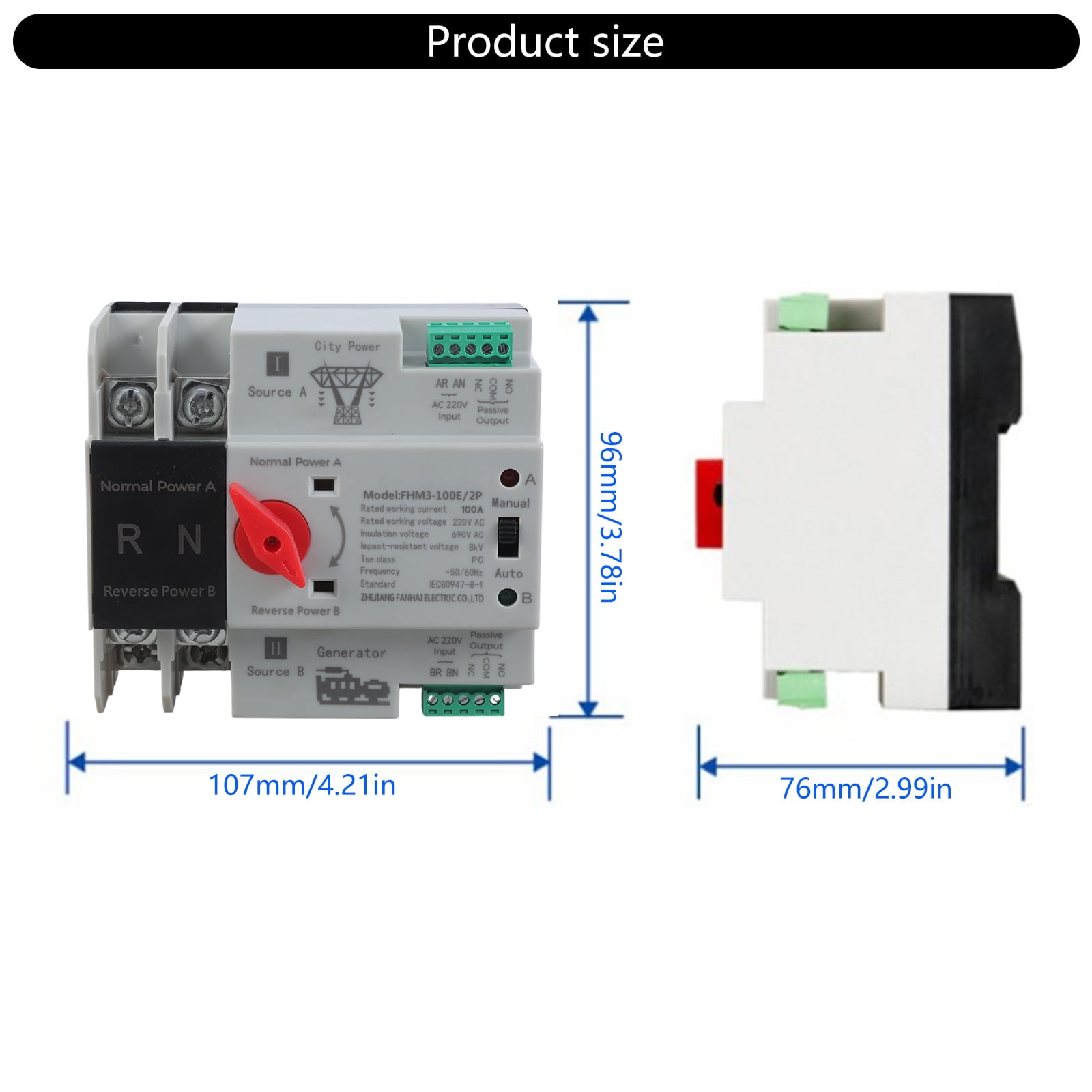 Electrical Selector Switches 2P 100A Automatic Transfer Switches Din Rails Mounted Double Power Switches for Emergencies Power