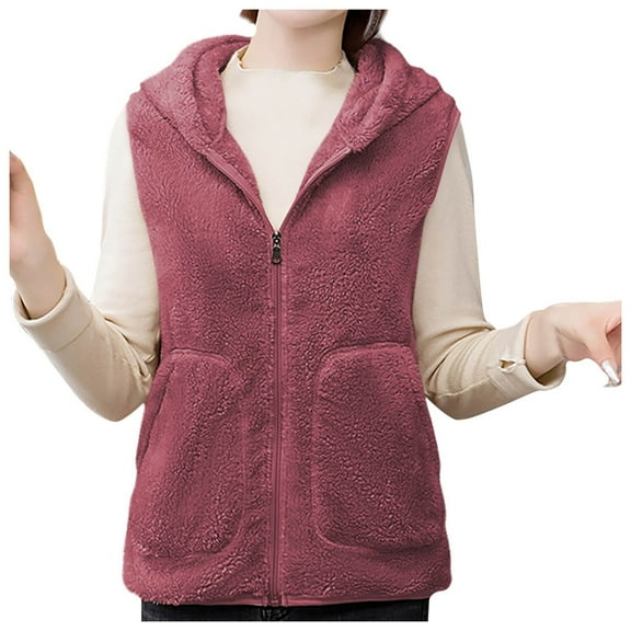 Gnurob Women Warm Fleece Vest with Hood Zip Up jacket Thicken Sherpa Coats Sleeveless Outwear Pocketed Vests Soft Outerwear Fashion Fall Winter Clothes Plus Size Saving,Purple,XX-Large