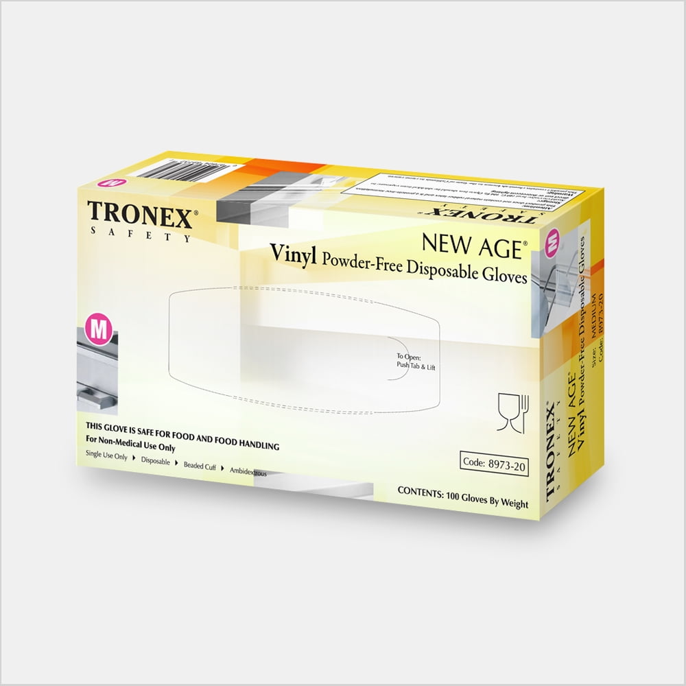 Tronex Vinyl Disposable Gloves, Food Safe, Powder-Free, White, Large (Box of 100)