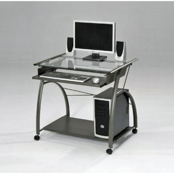 Finish Computer Desk With Clear Glass Top - Modern Compact Workstation For Small Spaces, Metal Frame, Pull-out Keyboard Tray, Open Storage Compartment, Caster Wheels, Holds 32" Flat Panel Monitor