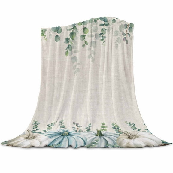 Fall Green Pumpkin Flannel Blanket for Bed,Travel and Camping, Eucalyptus Leaves Super Soft Cozy Blanket for All Seasons 32"x48"