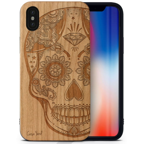 Case Yard Wooden Case Outside Soft TPU Silicone, Slim Fit Shockproof Wood Protective Phone Cover for Girls Boys Men and Women, Supports Wireless Charging Ice Skull Design case for iPhone-X