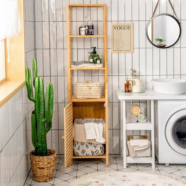 Giantex Tall Bamboo Cabinet Slim Narrow Floor Freestanding Linen
