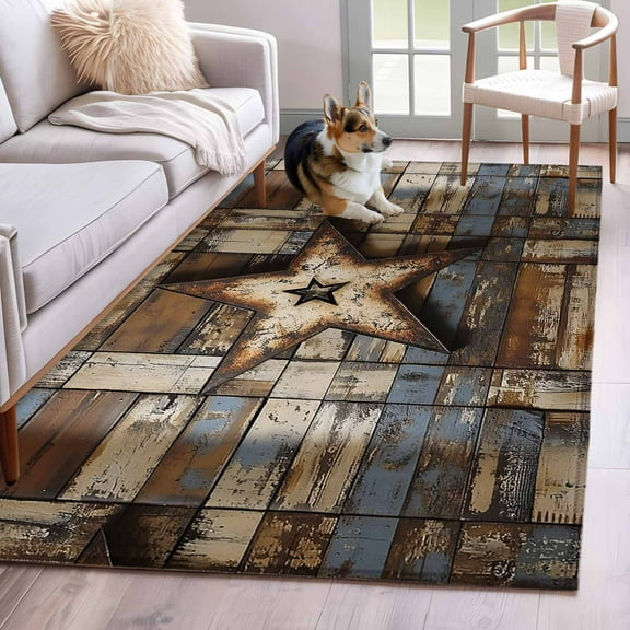 Country Star Retro Area Rug 4x6 Washable Rug Non Slip Farmhouse Brown Blue Wooden Grain Large Area Rug Indoor Floor Carpet for Entryway Bedroom Kitchen Living Room Home Office Dining Room Nursery