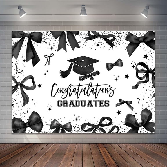 Black Bow Graduation Backdrop Coquette Ribbon Congrats Grad Photography Background Class of 2026 Modern Graduate Party Decorations Banner Supplies Photo Booth Props