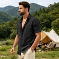 thumbnail image 6 of Mens Linen Button Down Shirt Short Sleeve Dual Chest Pocket Relaxed Fit Collared Open Front Casual Beach Overshirt, 6 of 8
