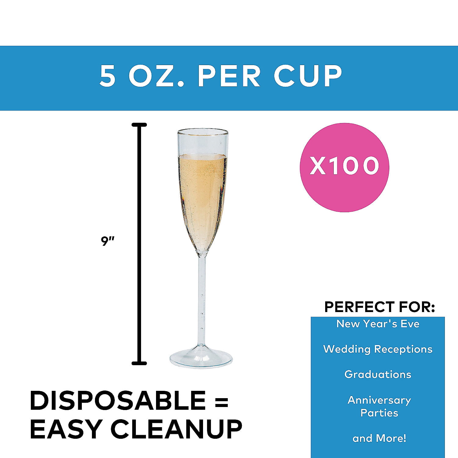 Fun Express Premium Plastic Etched Champagne Flutes Bulk, 100 ct