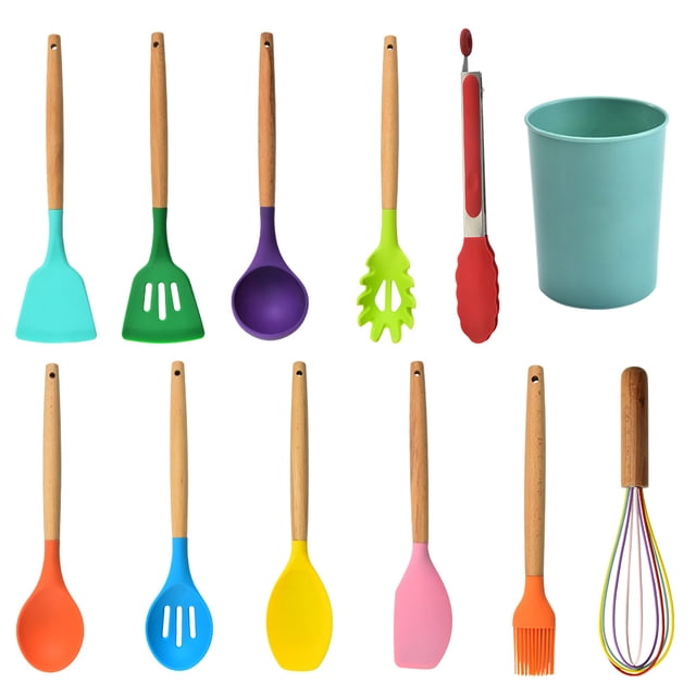 12 unids / set juego de cucharas de cocina de silicona juego de utensilios de cocina mango de madera herramientas de espátula accesorio de cocina Inevent HA003760-00B