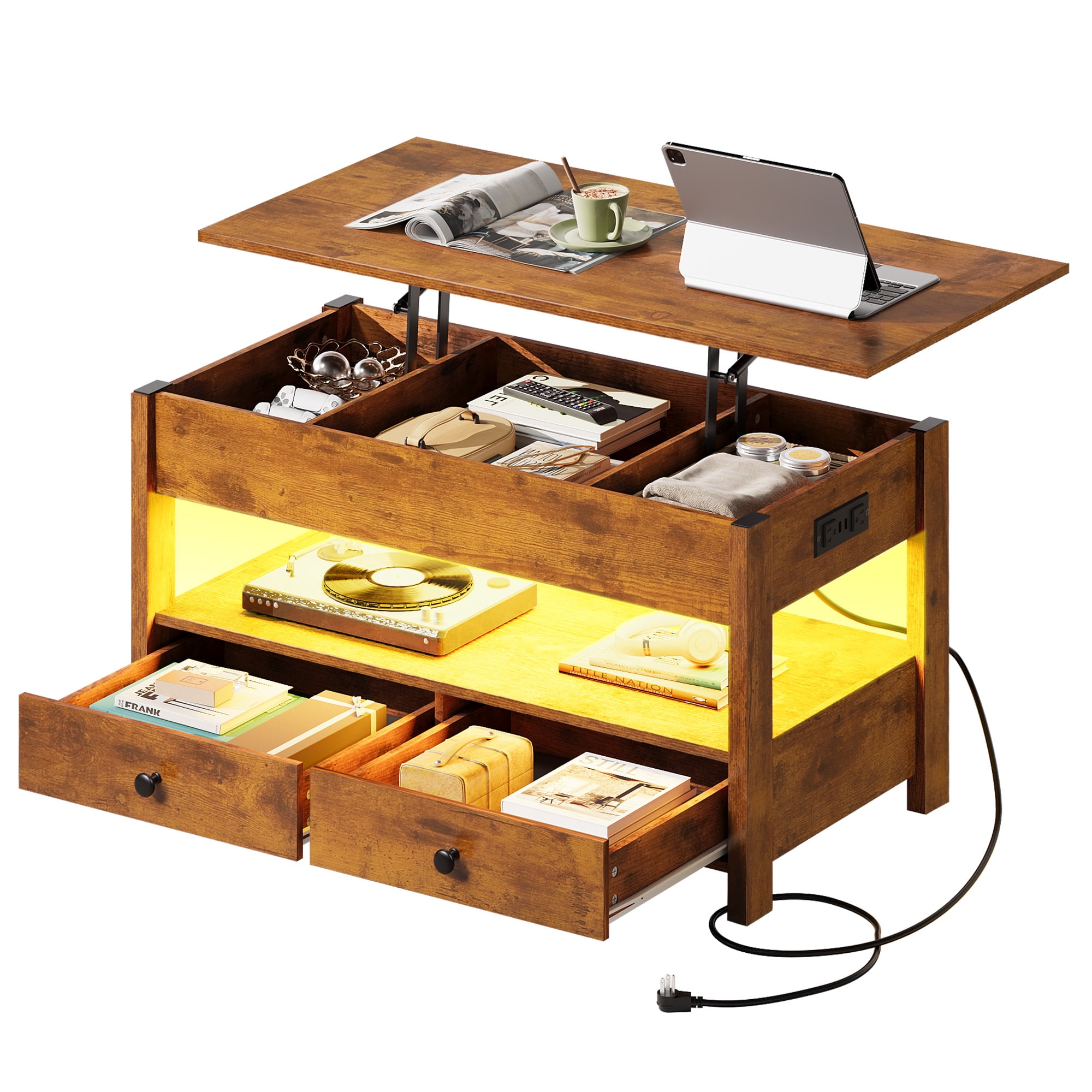 GALAXHERO Lift Top Coffee Table for Living Room Table with 2 Drawers & LED Light & Large Storage and Open Shelf Rustic Brown