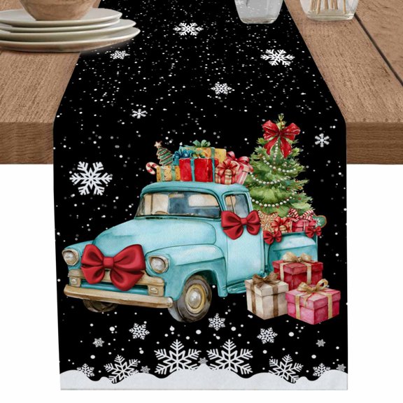 nqOlkjepod Black Christmas Trucks Table Runner 60 Inches Long Farmhouse Dress Scarves, Xmas Tree Winter Gifts Snowflake Dining Tablerunner for Coffee Table/Kitchen Island/Party Décor, 13" x 60"