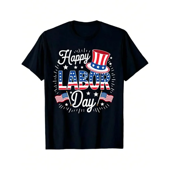 Men'S & Women'S Happy Labor Day USA Flag Patriotic Uncle Sam Hat Graphic T-Shirt - Red & Stars & Stripes Design, Comfortable Stretch Fabric, Slim Fit