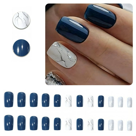 RAGUPEL 24Pcs Glue on Nails for Women,Hand-Drawn Lines Nails Press Ons Short,Silver Glitter Full Cover Nail Tips,Stick on Nails for Daily Life,Dating and Gatherings,Style1