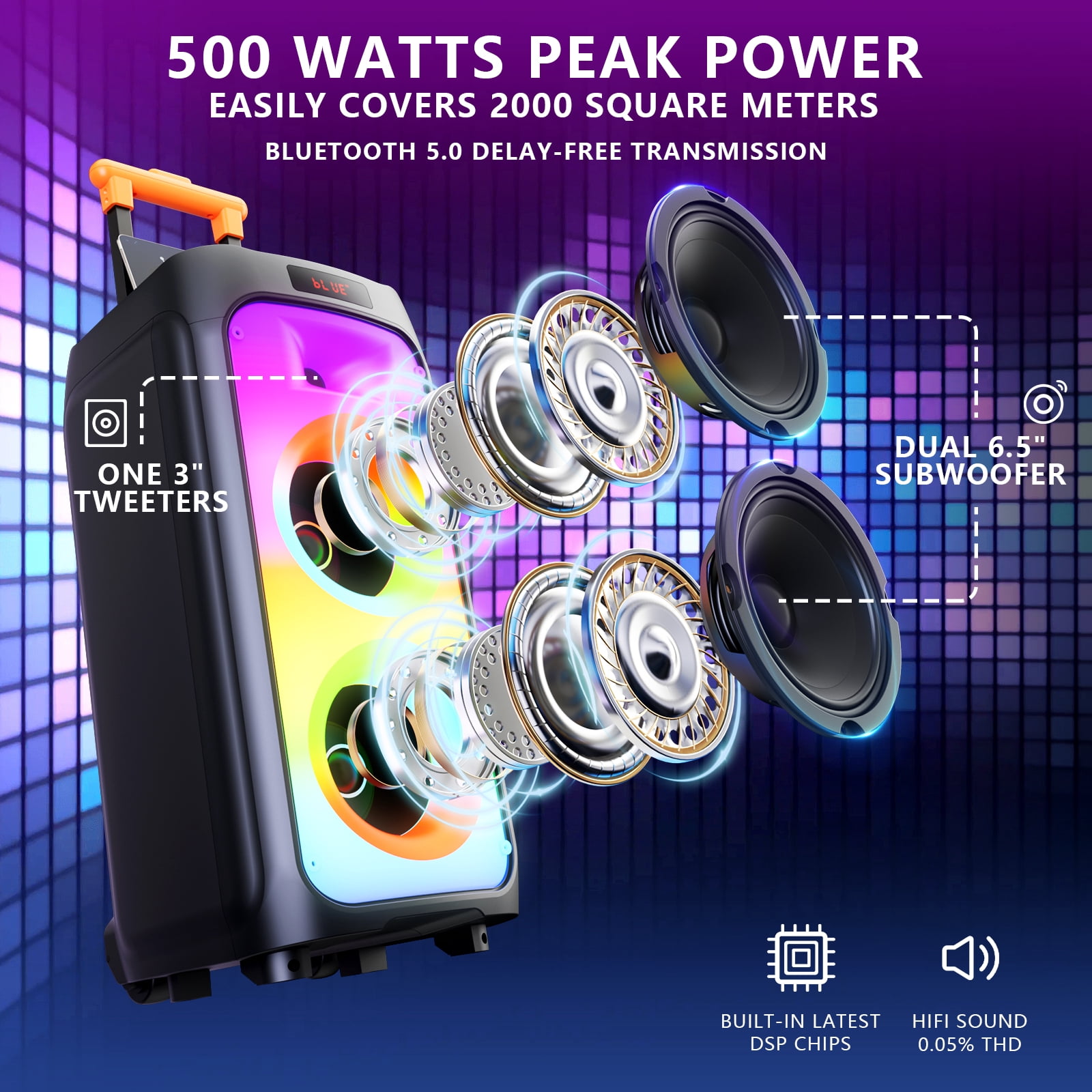 JYX Karaoke Machine with 2 Microphones, 500W Large Bluetooth Speaker with Wheels, Dazzling Party Light