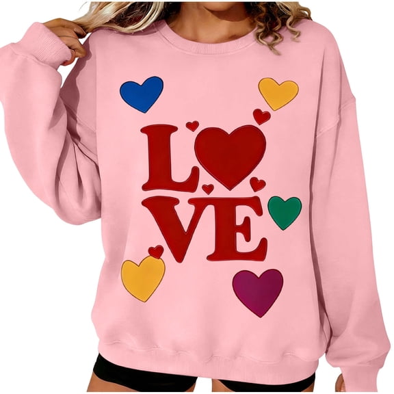 Womens Valentines Sweatshirt Oversized Long Sleeve Heart Love Shirts Crewneck Cute Pullover Sweater Tops, M Pink
