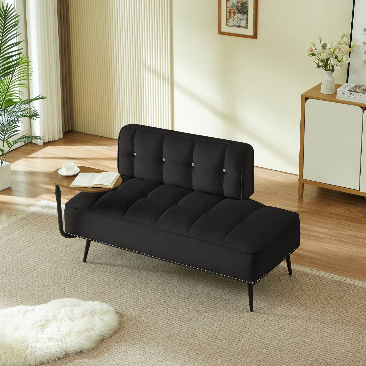 54-Inch Modern 2 Seater Velvet Sofa with 360 Rotating Side Table, Upholstered Couch with Nailhead Trim for Living Room Bedroom Apartment, Black