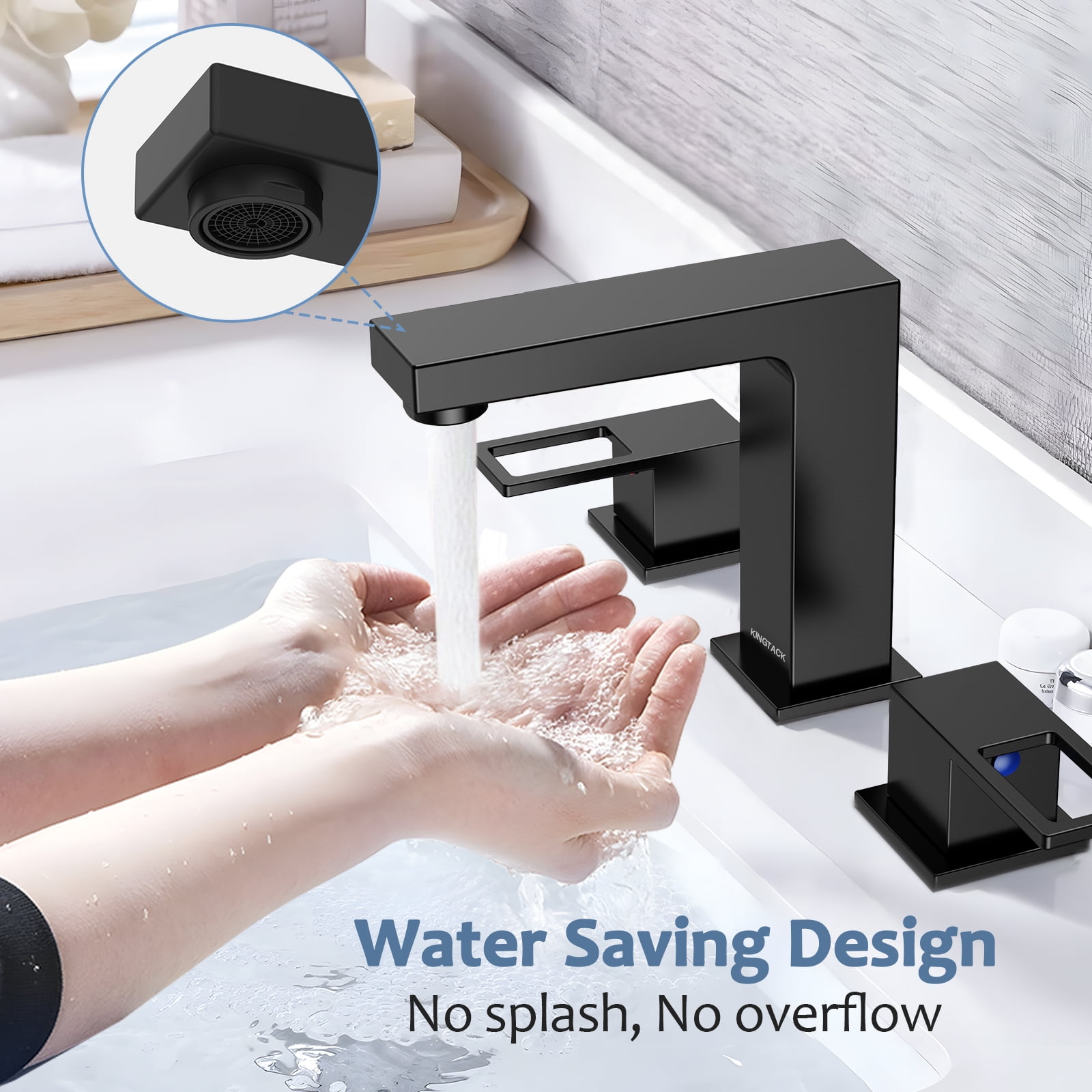 KINGTACK Matte Black Bathroom Faucet 3 Hole, 8 inch Widespread Bathroom Faucet with Pop Up Drain, 2 Handle Vanity Faucet with Water Supply Hoses