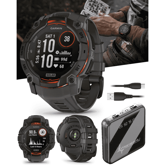 Garmin Instinct 3 Solar 50 mm, Rugged Outdoor GPS Smartwatch, Built-in Flashlight, Up to 28 Days of Battery Life, Black with Charcoal Band with Wearable4U Bundle