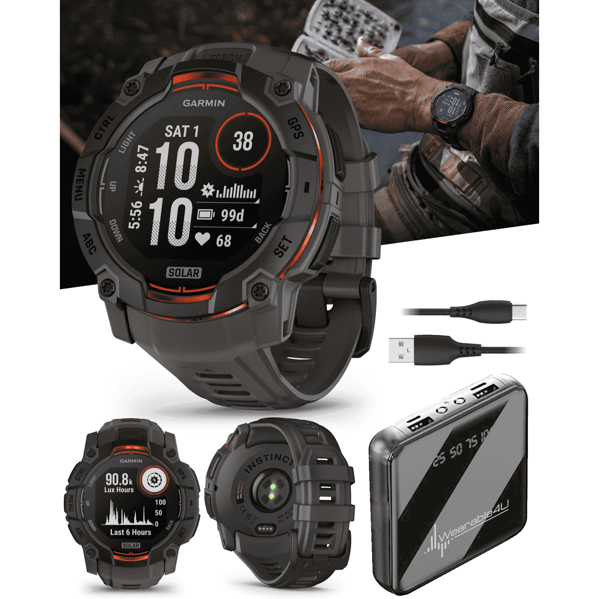 Garmin Instinct 3 Solar 50 mm, Rugged Outdoor GPS Smartwatch, Built-in Flashlight, Up to 28 Days of Battery Life, Black with Charcoal Band with Wearable4U Bundle
