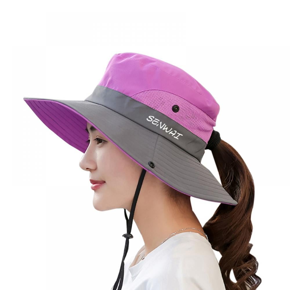 Women's Ponytail Safari Sun Hat,Wide Brim UV Protection Outdoor Bucket Hat,Foldable Beach Summer Fishing Hat 