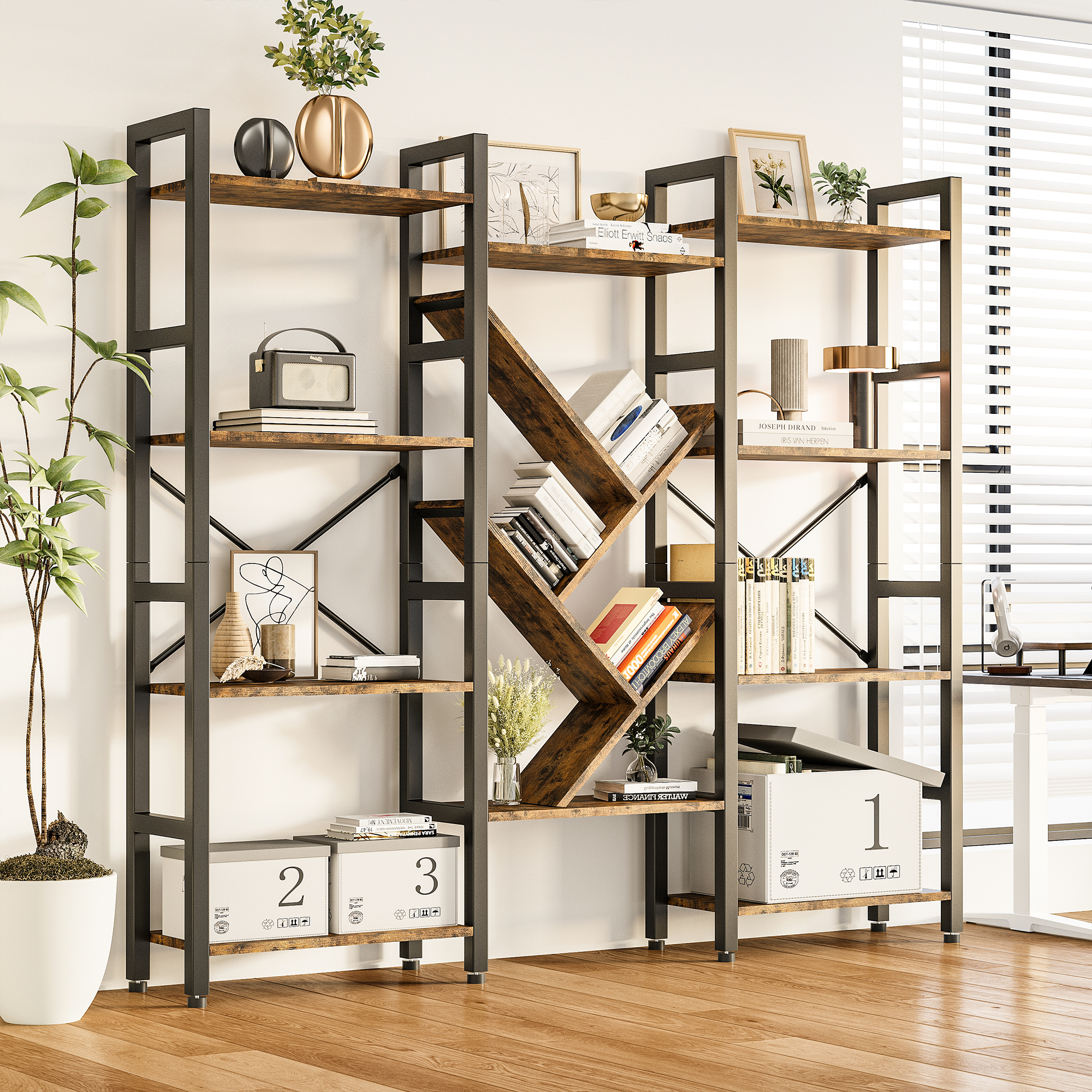 4-Tier Large Wooden Bookcase with 14 Open Display Shelves, Modern Tree Design, Metal Frame, Tall Bookshelf for Living Room, Office, or Study