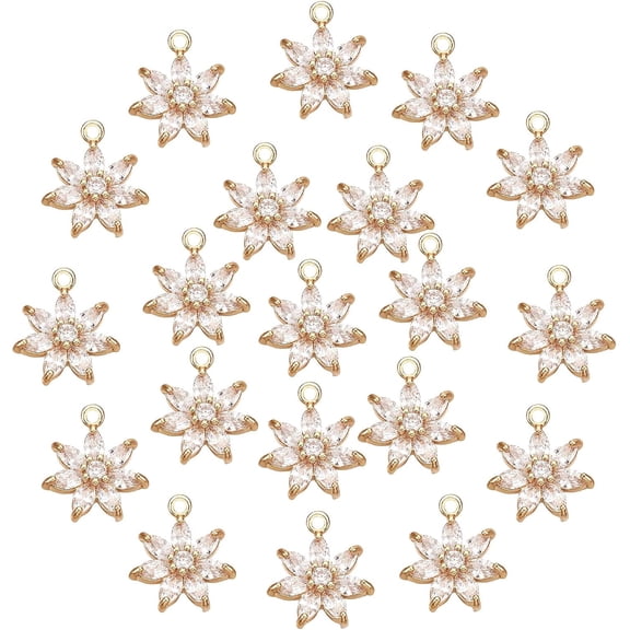 1box 20 Pcs Flower Cubic Zirconia Pendant Charms Light Gold Daisy Charms Micro Pave Clear CZ Brass Pendant for Jewelry Making