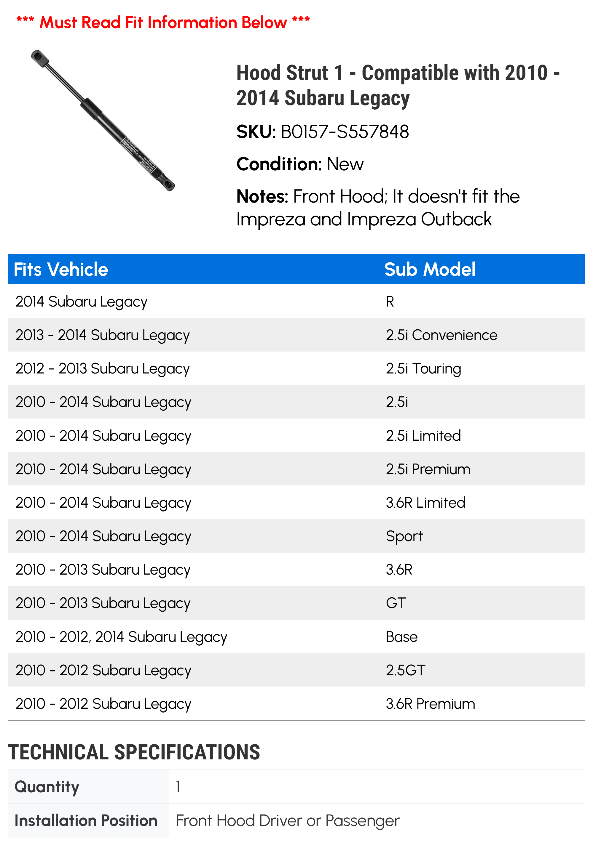 Hood Strut 1 - Compatible with 2010 - 2014 Subaru Legacy - Autopart Premium