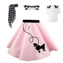 Hip Hop 50's Shop 1950s Girls 4 Piece Poodle Skirt Costume Outfit for Kids with Accessories (glasses, socks, scarf) (Small Child 4-6, Light Pink Polka Dot)