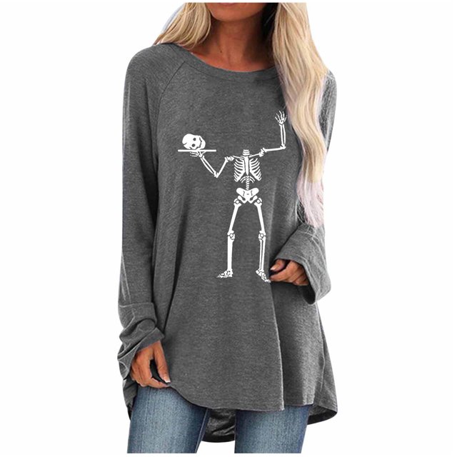 Camiseta de manga larga suelta con cuello redondo y estampado informal para mujer de Halloween, blusa, camisas Pompotops FGAJ4982