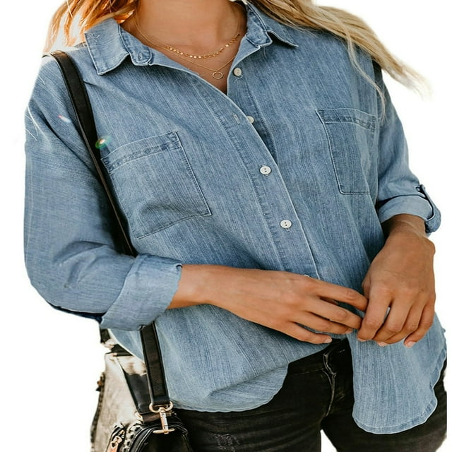 Chemise en Jean Tendance pour Femmes à Revers, Manches Longues, Boutonnée, Coupe Décontractée, Blouse en Denim