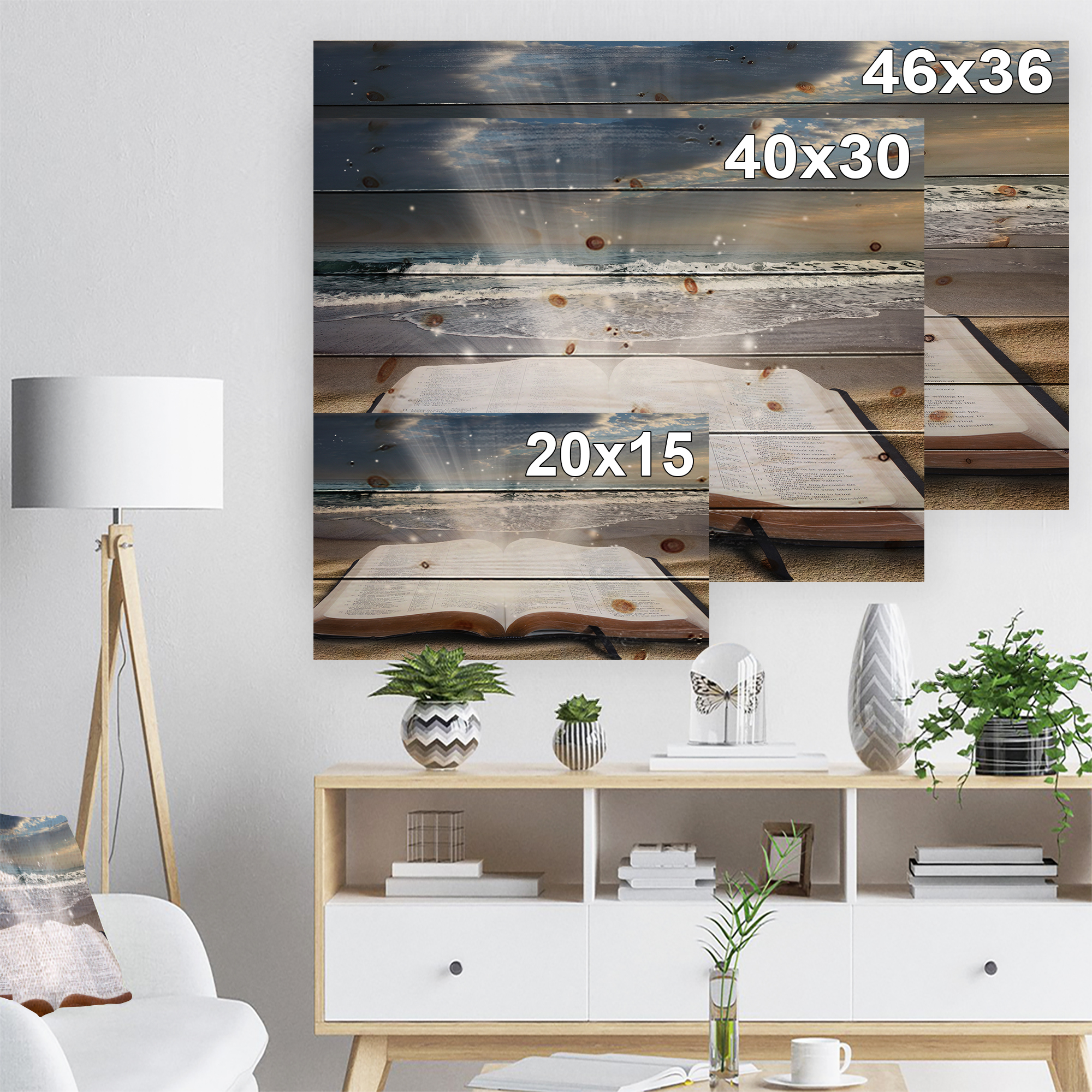 Designart 'Jesus Bible at beach' Religious Art Print on Natural Pine Wood