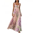 thumbnail image 6 of Women Square‑Neck Sleeveless Blue‑Iris Floral Print Belted Pleated Flowy Maxi Dress, Elegant Casual Summer Long Dress, 6 of 11