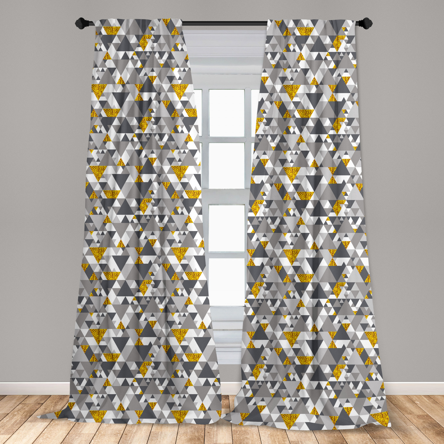Grey and Yellow Curtains 2 Panels Set, Zig Zag Triangles Futuristic