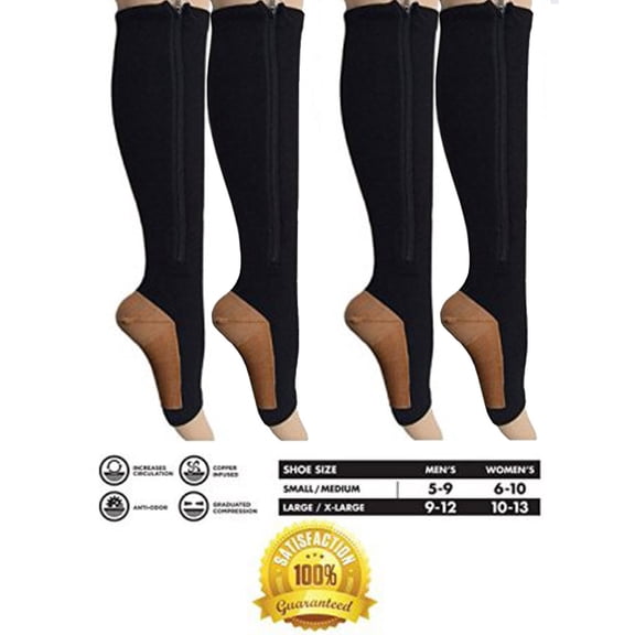 2 Pair Black Copper Infused Compression Socks with Zipper 20-25 mmHg Open Toe for Women & Men FREE Eyeglass Pouch by Juniper's Secret (Small/M)