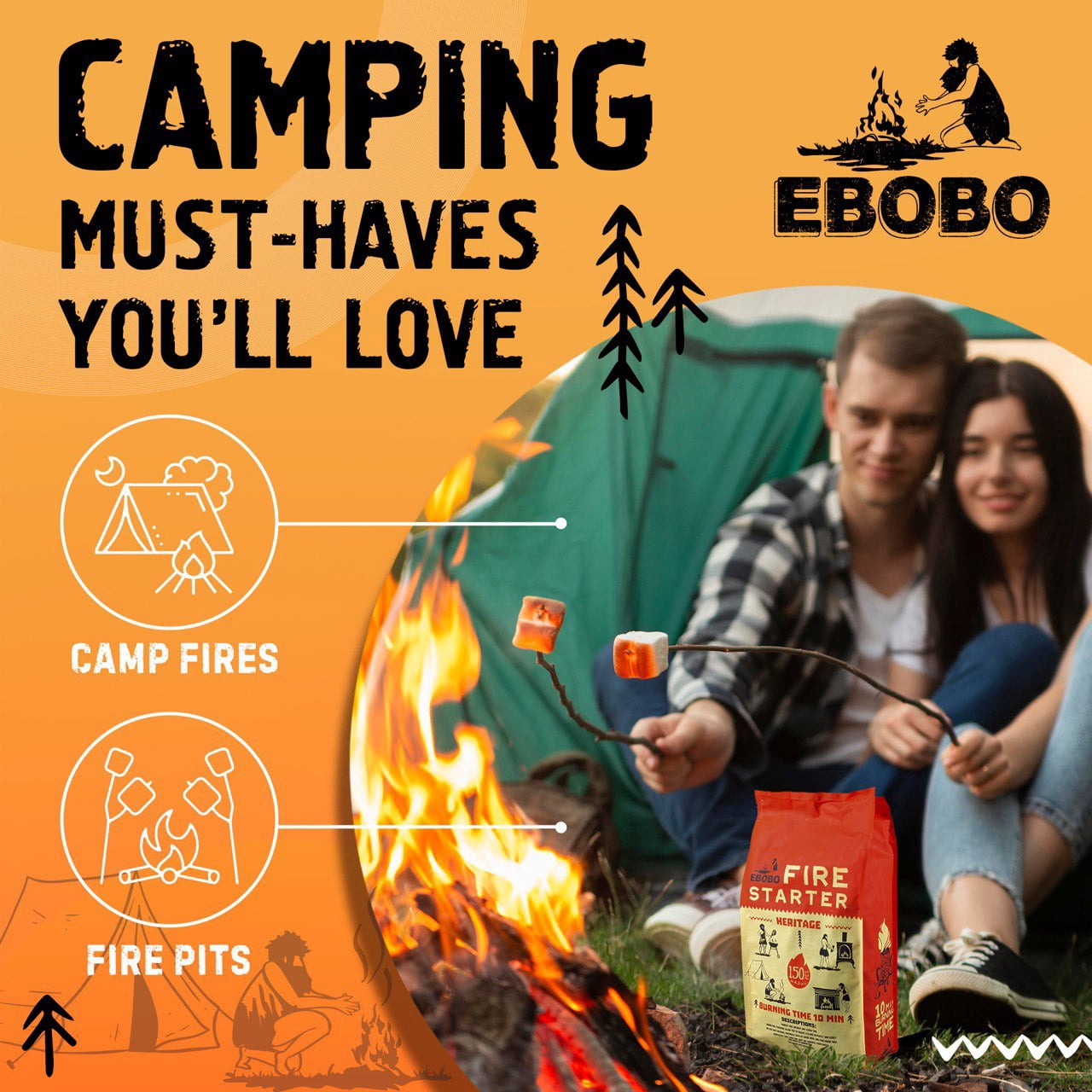Ebobo - Natural Fire Starter, 150 Firelighters, 10 Min Burn Time