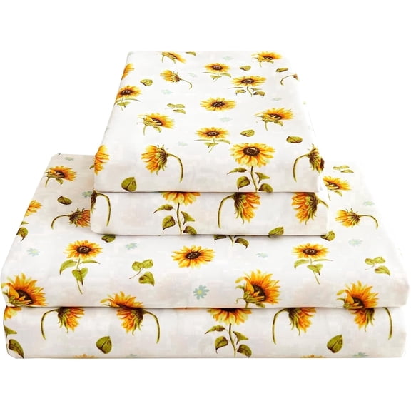 Viviland Floral Sheet Set Queen, Sunflower Printed Bed Sheets Queen, Cozy Double Brushed Microfiber Fitted Sheet with 15" Deep Pocket and Corner Straps, Cute Yellow Flower Sheet & Pillowcase Sets