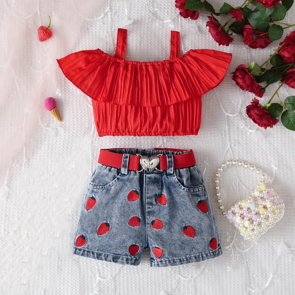 RTKFRFLM Girls 2-Piece Summer Set Off-The-Shoulder Ruffle Solid Top and Strawberry Embroidery Denim Shorts Trendy Casual Fashionable Clothes for Toddler and Little Girls Outfits