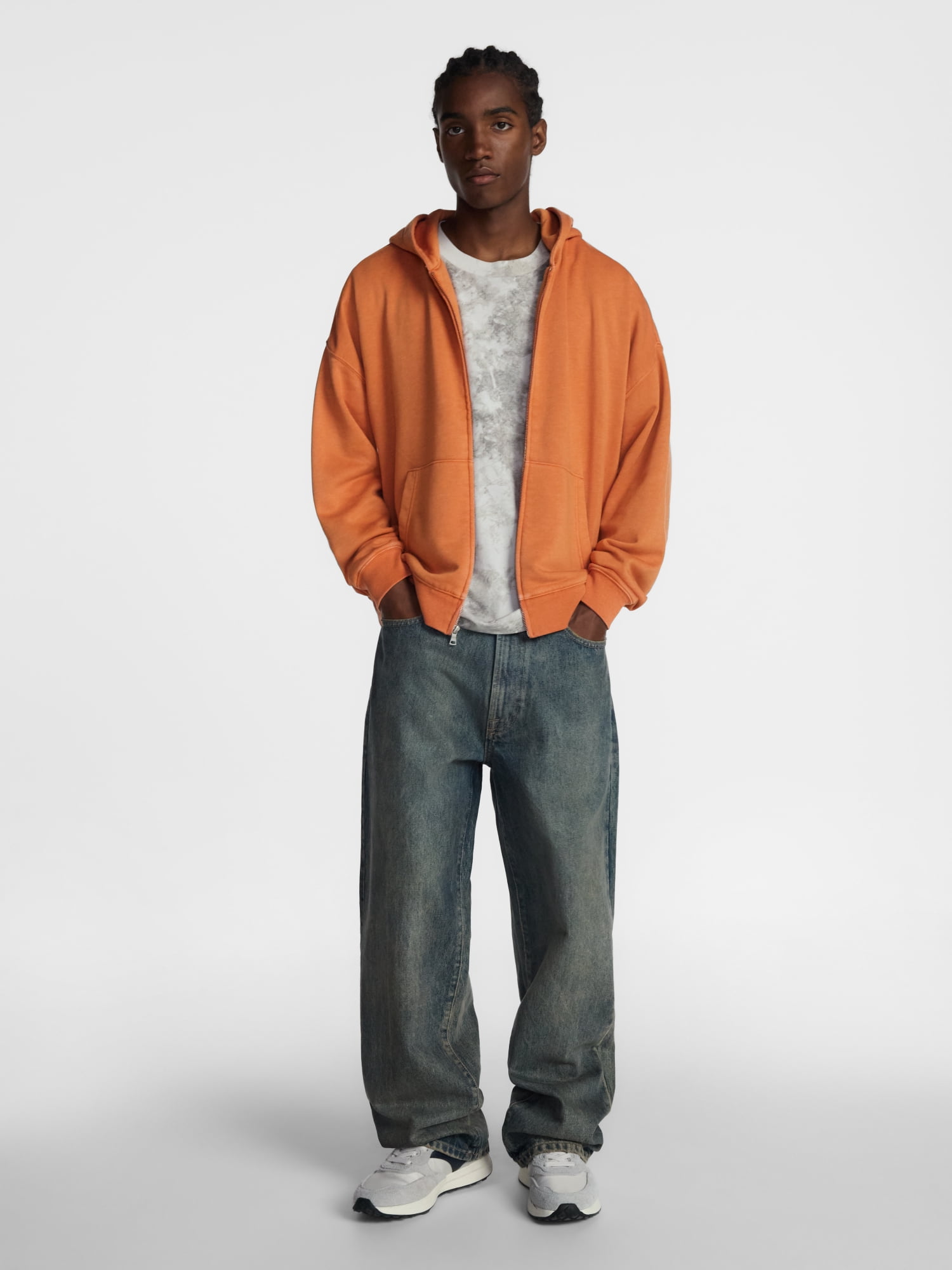 No Boundaries Boxy Oversized Fit Fleece Zip Hoodie Sweatshirt with Long Sleeves, Men's XS-4XLT